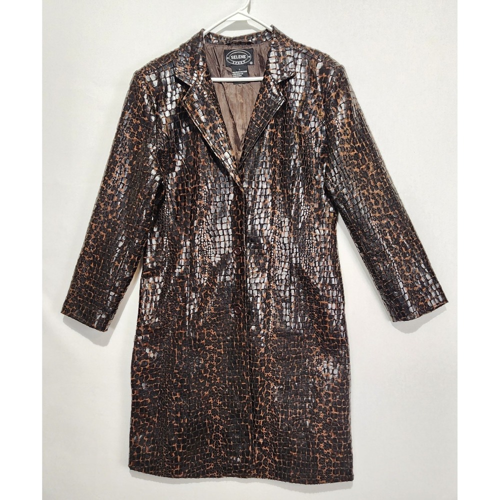 Selene Sport Womens L Faux Leather Croc Print Long Jacket Brown Animal Coat‎